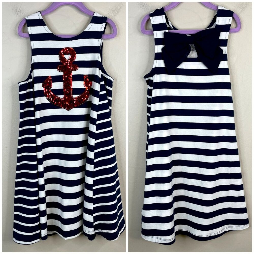 Tommy Bahama Girls Coastal Nautical Knit Dress Size M Sequin Anchor Bow Vacation